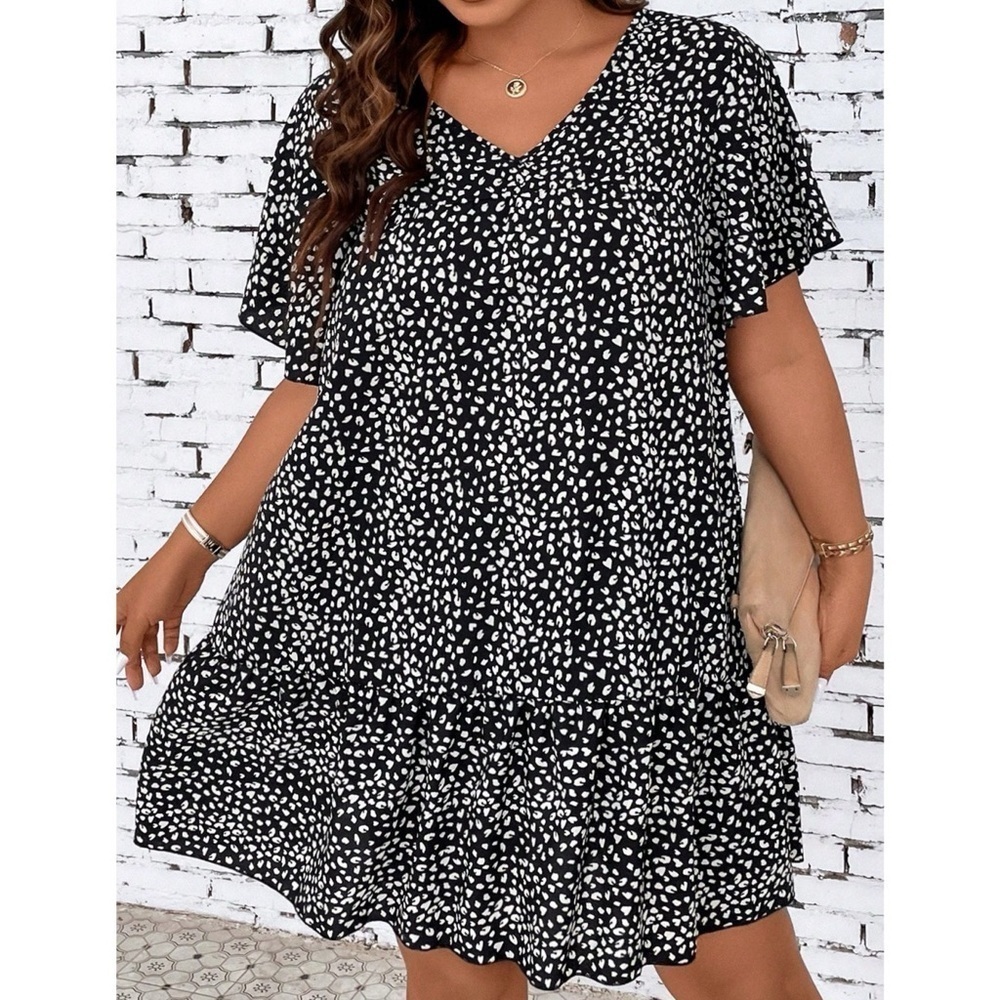 Black & Cream Dalmatian Print Butterfly Sleeve Ruffle Hem Smock House Dress 1XL